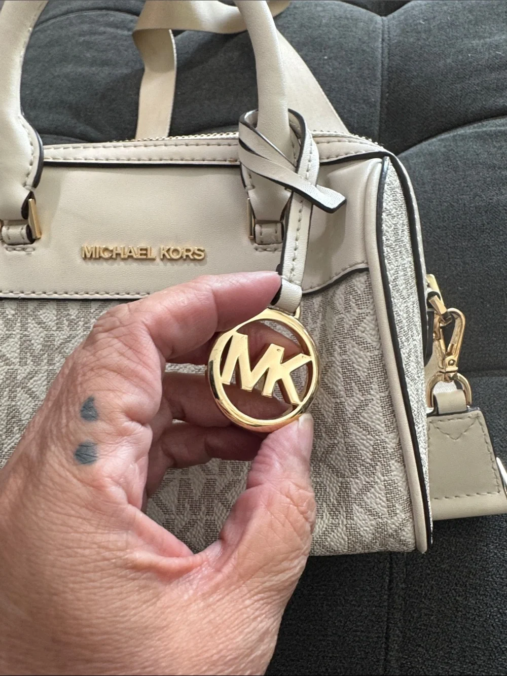 Michael Kors Cream and Beige Signature Mini Satchel with Gold Hardware